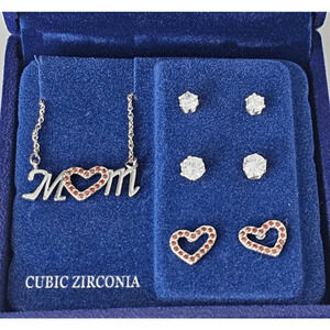 Mom Necklace and 3 pairs of Earrings Silver Plate & Cubic Zirconia NWT Gift
